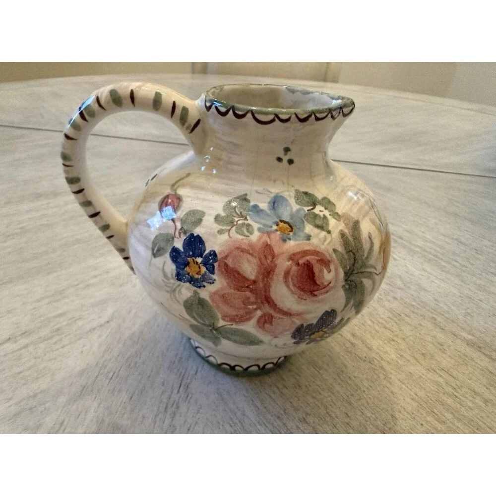 Vintage Ulmer Keramik Pitcher Hand-Painted Floral Art Pottery West Germany 1960s